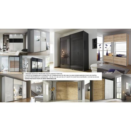 Armoire 226 cm DRAKAR avec 2 portes coulissantes en décor blanc mat et chêne Artisan