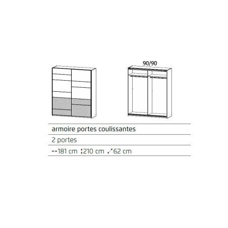 Armoire 181 cm YANIS avec 2 portes coulissantes