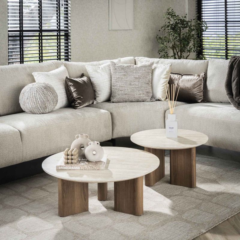 Set de 2 tables basses rondes ARMAND en céramique finition travertin