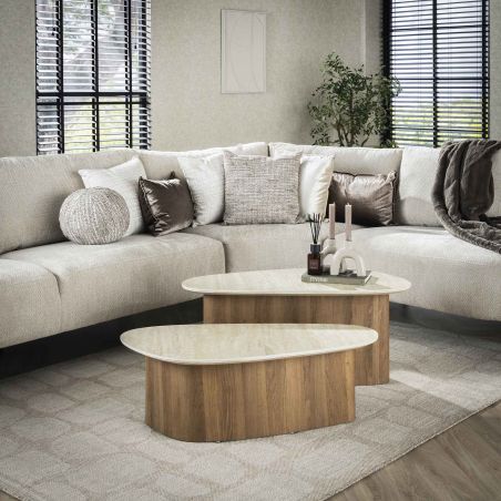 Set de 2 tables basses ARMAND en céramique finition travertin - forme triangulaire
