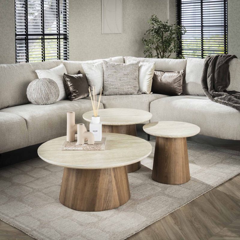 Set de 3 tables basses rondes ARMAND en céramique finition travertin