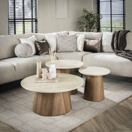 Set de 3 tables basses rondes ARMAND en céramique finition travertin