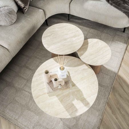 Set de 3 tables basses rondes ARMAND en céramique finition travertin