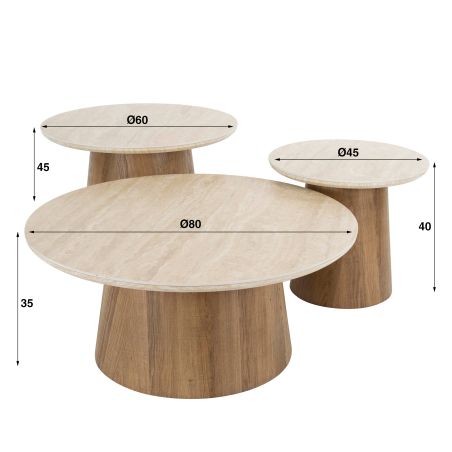 Set de 3 tables basses rondes ARMAND en céramique finition travertin