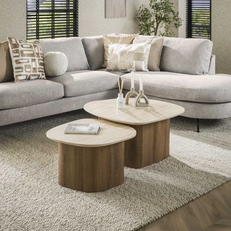 Set de 2 tables basses ARMAND en céramique finition travertin - forme de galet