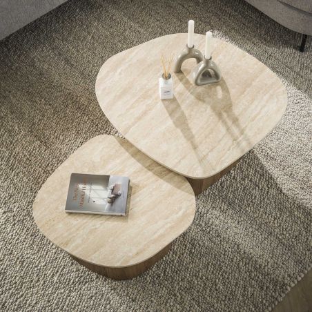 Set de 2 tables basses ARMAND en céramique finition travertin - forme de galet