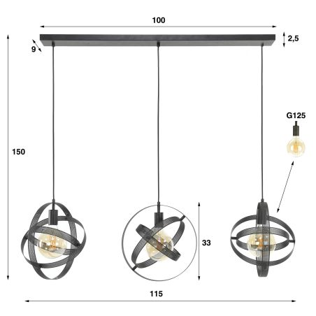 Suspension KORELL de style industriel avec 3 ampoules incluses