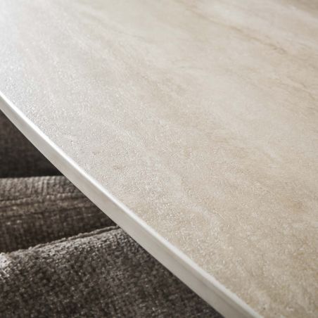Table ovale SILAS 215 cm en céramique 3D travertin avec piètement en métal