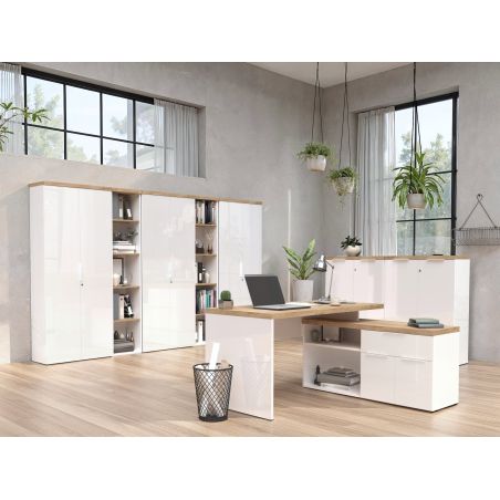 Bureau d'angle AURELIA en blanc brillant et décor chêne cadiz
