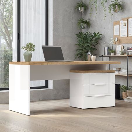 Bureau droit 160 cm AURELIA avec 3 tiroirs en blanc brillant et décor chêne cadiz