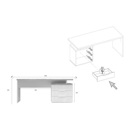 Bureau droit 160 cm AURELIA avec 3 tiroirs en blanc brillant et décor chêne cadiz