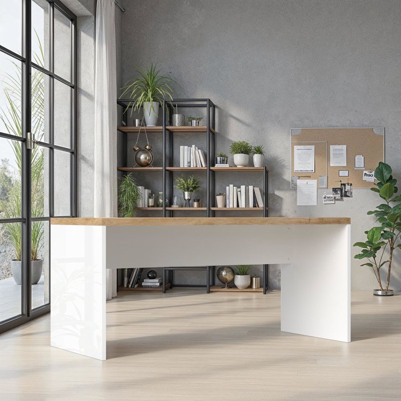 Bureau droit 160 cm AURELIA en blanc brillant et décor chêne cadiz