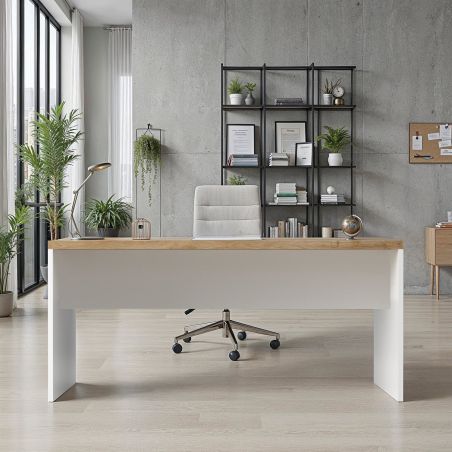 Bureau droit 160 cm AURELIA en blanc brillant et décor chêne cadiz
