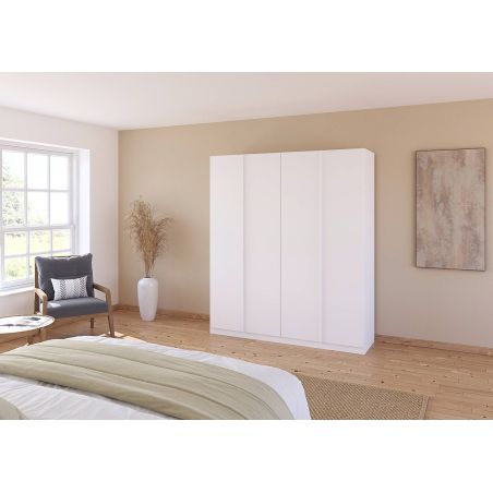 Armoire 4 portes 181 cm OBERON en décor blanc mat avec accessoires intérieurs inclus