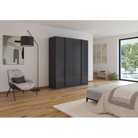 Armoire 4 portes 181 cm OBERON en décor gris métal avec accessoires intérieurs inclus