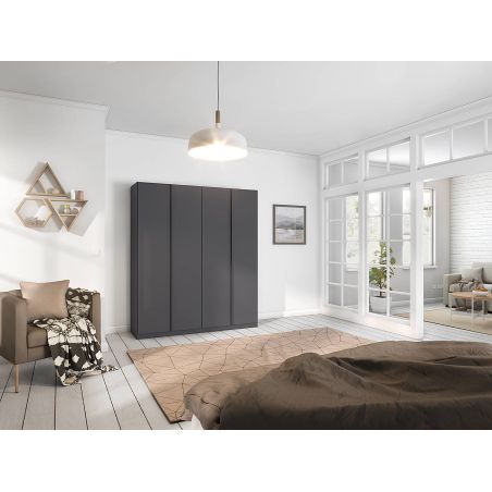 Armoire 4 portes 181 cm OBERON en décor gris métal avec accessoires intérieurs inclus