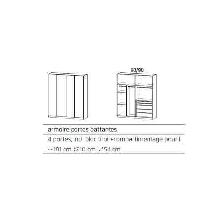 Armoire 4 portes 181 cm OBERON en décor gris métal avec accessoires intérieurs inclus