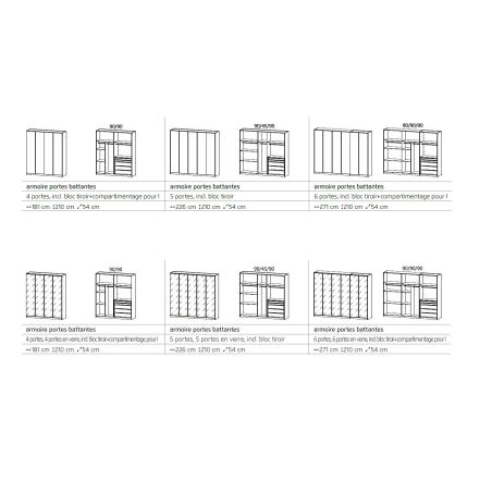 Armoire 5 portes 226 cm OBERON en décor blanc mat avec accessoires intérieurs inclus