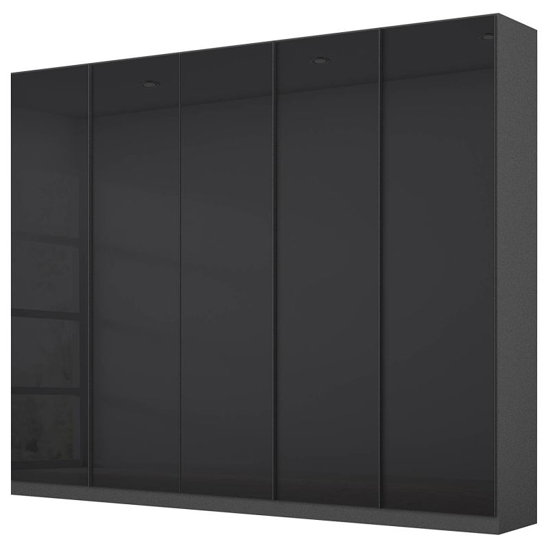 Armoire 5 portes 226 cm OBERON en décor verre brillant basalte avec accessoires intérieurs inclus