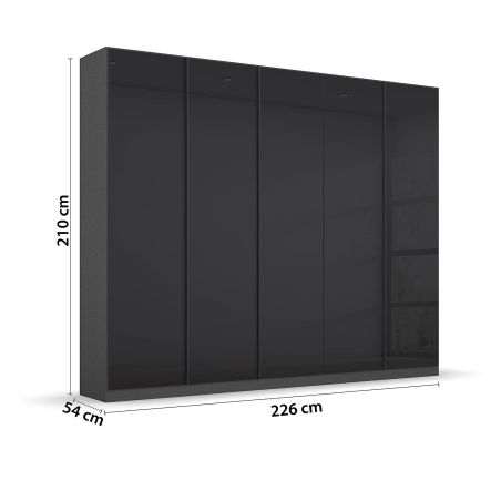 Armoire 5 portes 226 cm OBERON en décor verre brillant basalte avec accessoires intérieurs inclus