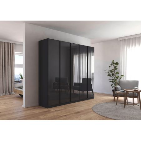 Armoire 5 portes 226 cm OBERON en décor verre brillant basalte avec accessoires intérieurs inclus