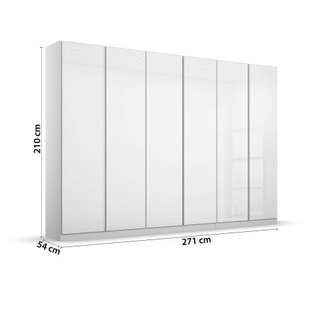 Armoire 6 portes 271 cm OBERON en décor verre brillant blanc avec accessoires intérieurs inclus