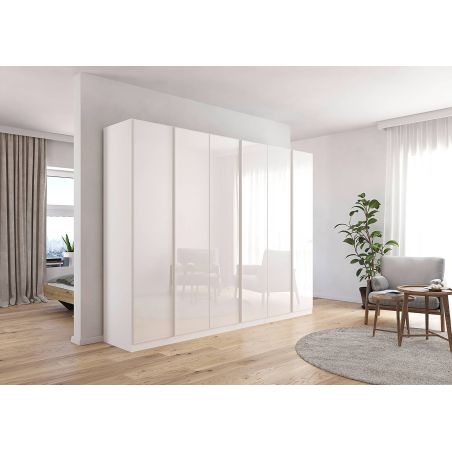 Armoire 6 portes 271 cm OBERON en décor verre brillant blanc avec accessoires intérieurs inclus