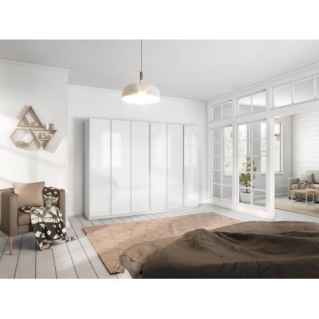 Armoire 6 portes 271 cm OBERON en décor verre brillant blanc avec accessoires intérieurs inclus
