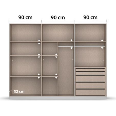 Armoire 6 portes 271 cm OBERON en décor verre brillant blanc avec accessoires intérieurs inclus