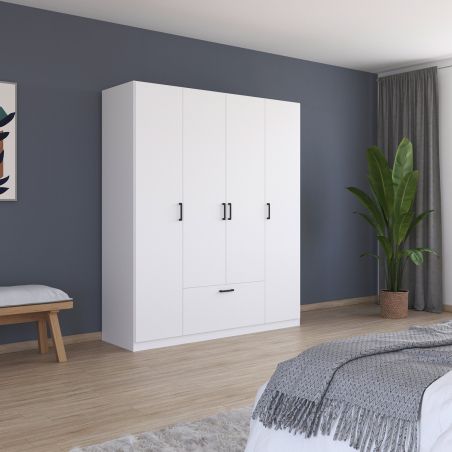 Armoire 181 cm BLISS avec 4 portes et 1 tiroir en décor blanc mat