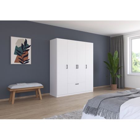 Armoire 181 cm BLISS avec 4 portes et 1 tiroir en décor blanc mat