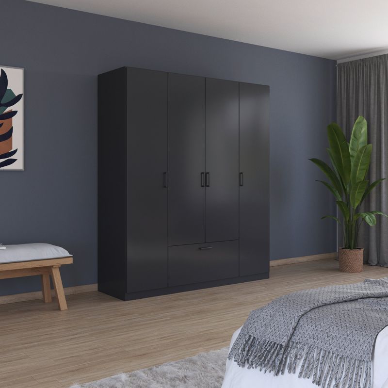 Armoire 181 cm BLISS avec 4 portes et 1 tiroir en décor gris métal mat