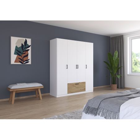 Armoire 181 cm BLISS avec 4 portes et 1 tiroir en décor blanc mat et chêne artisan