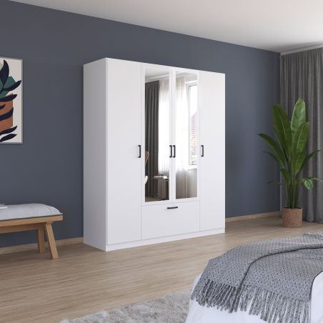 Armoire 181 cm BLISS avec 2 portes pleines, 2 portes miroirs et 1 tiroir en décor blanc mat