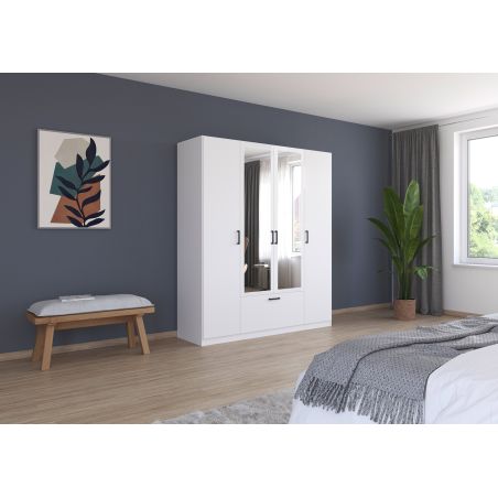 Armoire 181 cm BLISS avec 2 portes pleines, 2 portes miroirs et 1 tiroir en décor blanc mat