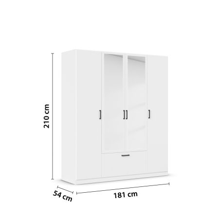 Armoire 181 cm BLISS avec 2 portes pleines, 2 portes miroirs et 1 tiroir en décor blanc mat