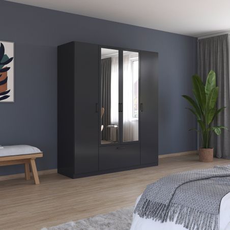 Armoire 181 cm BLISS avec 2 portes pleines, 2 portes miroirs et 1 tiroir en décor gris métal mat