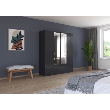 Armoire 181 cm BLISS avec 2 portes pleines, 2 portes miroirs et 1 tiroir en décor gris métal mat