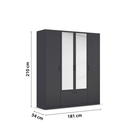 Armoire 181 cm BLISS avec 2 portes pleines, 2 portes miroirs et 1 tiroir en décor gris métal mat