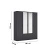 Armoire 181 cm BLISS avec 2 portes pleines, 2 portes miroirs et 1 tiroir en décor gris métal mat