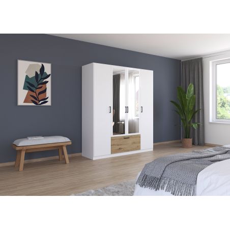 Armoire 181 cm BLISS avec 2 portes pleines, 2 portes miroirs et 1 tiroir en décor blanc mat et chêne artisan