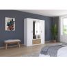 Armoire 181 cm BLISS avec 2 portes pleines, 2 portes miroirs et 1 tiroir en décor blanc mat et chêne artisan
