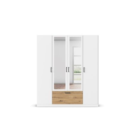 Armoire 181 cm BLISS avec 2 portes pleines, 2 portes miroirs et 1 tiroir en décor blanc mat et chêne artisan