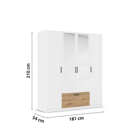 Armoire 181 cm BLISS avec 2 portes pleines, 2 portes miroirs et 1 tiroir en décor blanc mat et chêne artisan