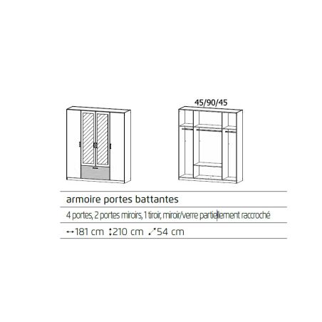 Armoire 181 cm BLISS avec 2 portes pleines, 2 portes miroirs et 1 tiroir en décor blanc mat et chêne artisan
