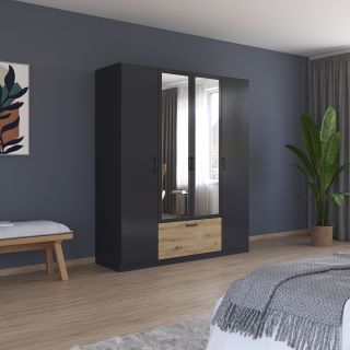 Armoire 181 cm BLISS avec 2 portes pleines, 2 portes miroirs et 1 tiroir en décor gris métal mat et chêne artisan