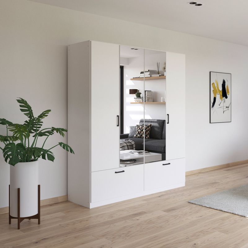Armoire 181 cm BLISS avec 2 portes pleines, 2 portes miroirs et 2 tiroirs en décor blanc mat