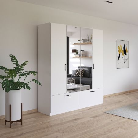 Armoire 181 cm BLISS avec 2 portes pleines, 2 portes miroirs et 2 tiroirs en décor blanc mat