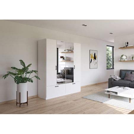 Armoire 181 cm BLISS avec 2 portes pleines, 2 portes miroirs et 2 tiroirs en décor blanc mat