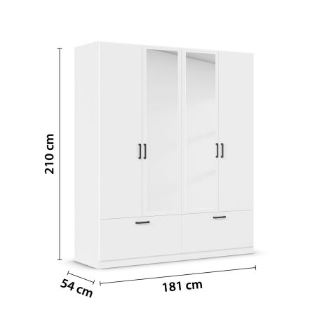 Armoire 181 cm BLISS avec 2 portes pleines, 2 portes miroirs et 2 tiroirs en décor blanc mat